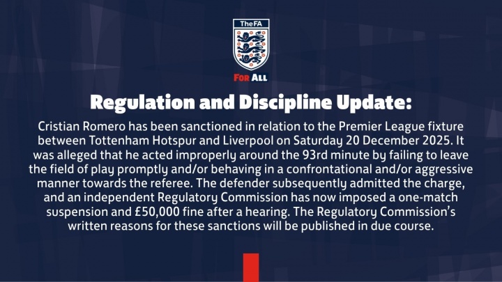 对阵利物浦时染红！官方：热刺后卫罗梅罗被禁赛一场，罚款5万镑